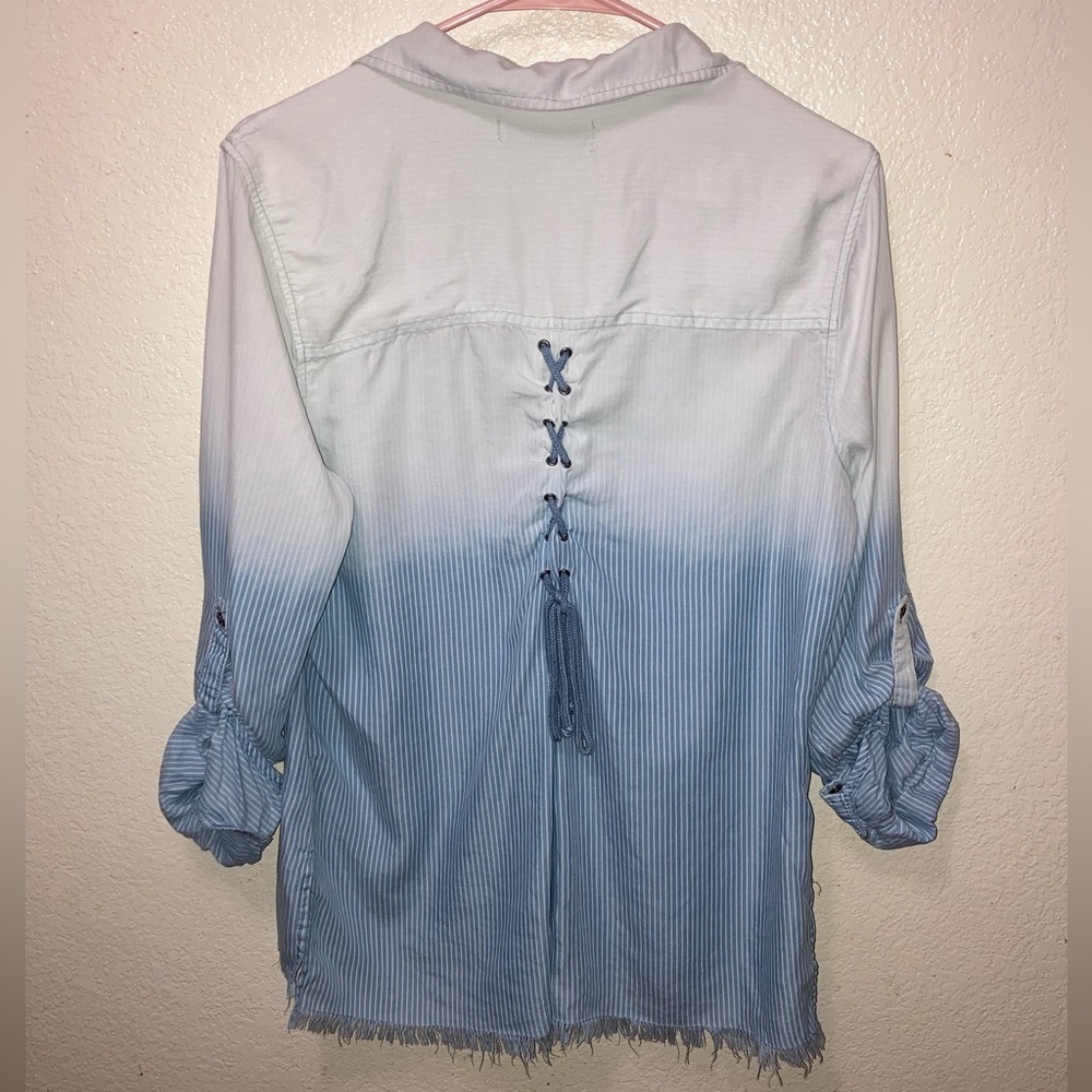 Billy T Blue Ombre Fringe Lace Up Women's Top